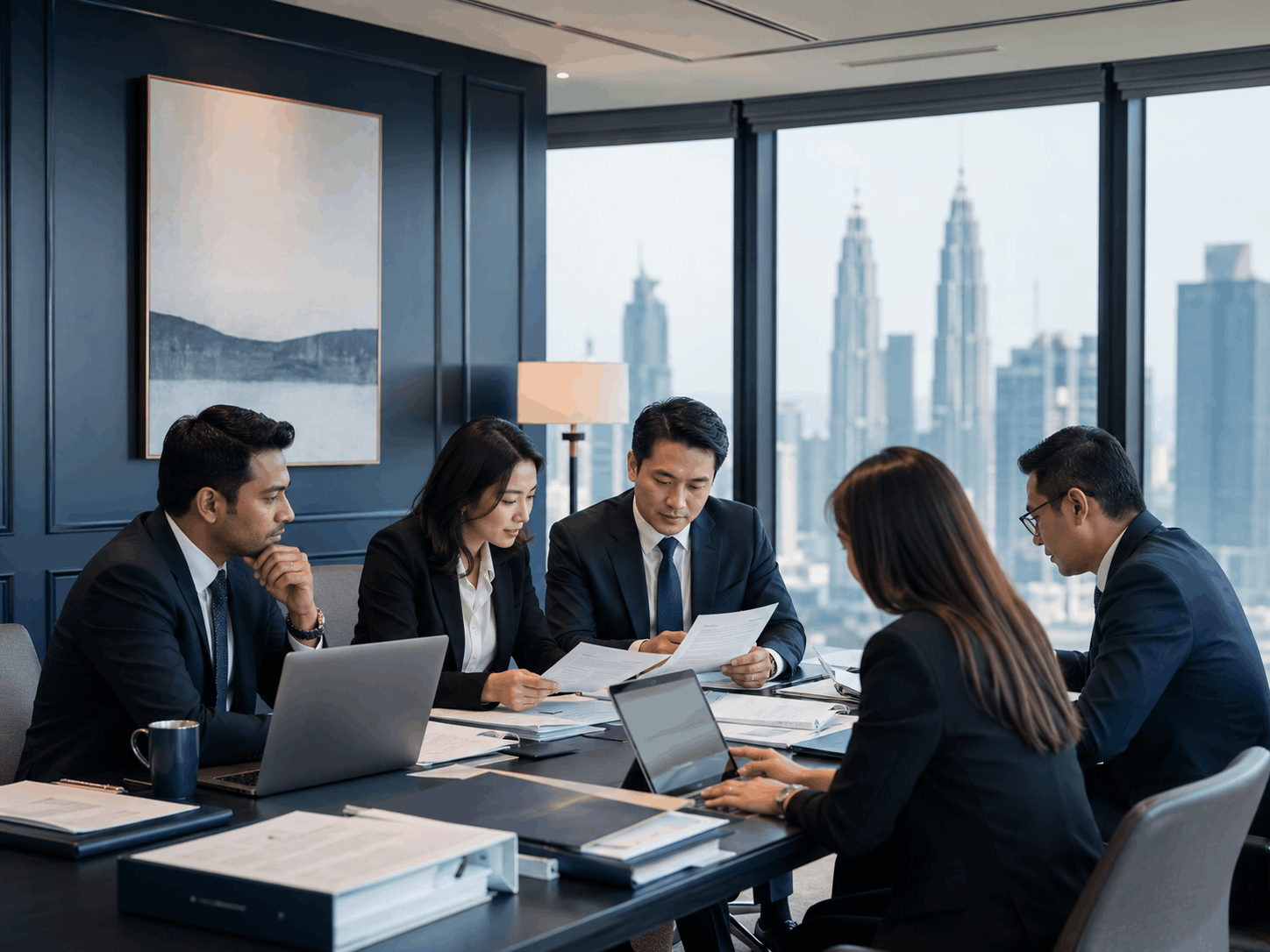 Lawyers reviewing financial contracts and legal documents in a navy office